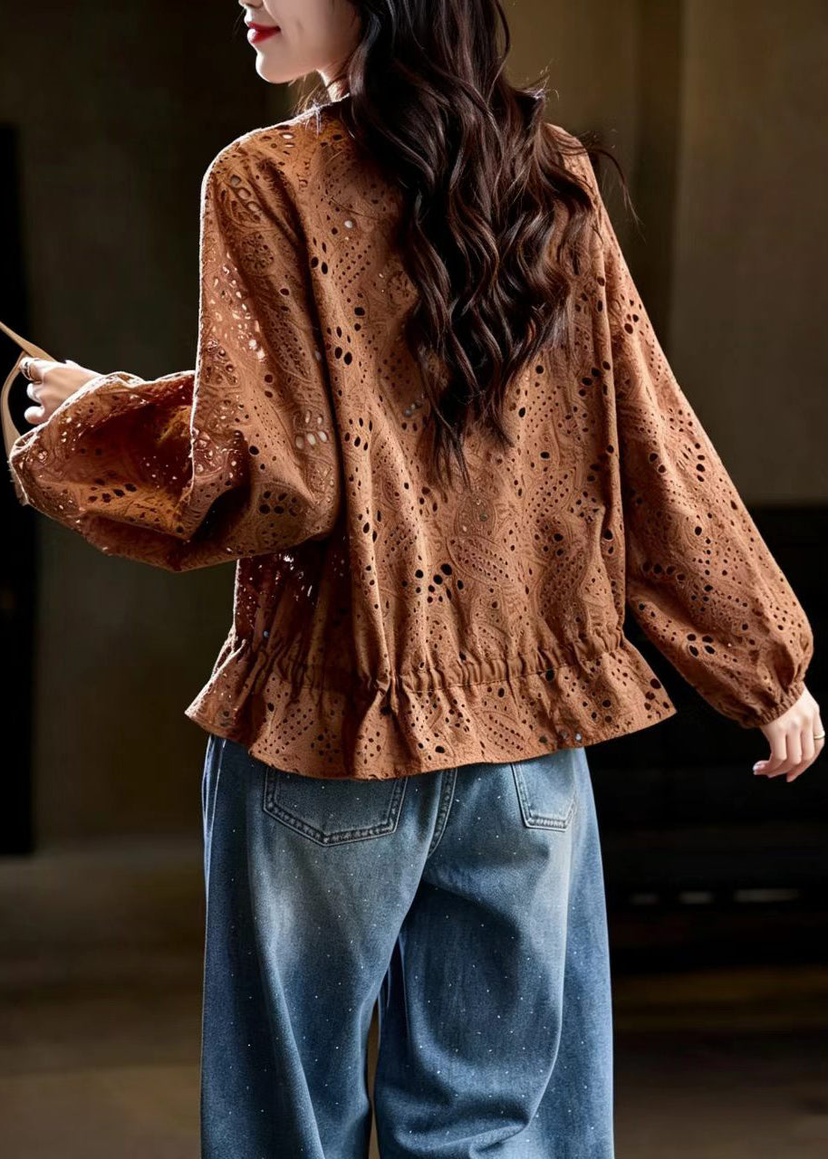 Loose Caramel O-Neck Hollow Out Drawstring Jacket Fall