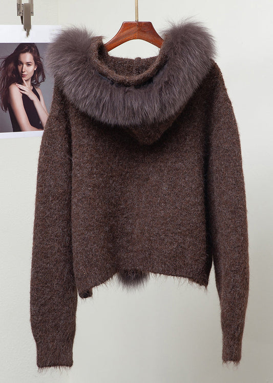 Loose Coffee Fox Collar Fuzzy Ball Decorated Knit Sweaters