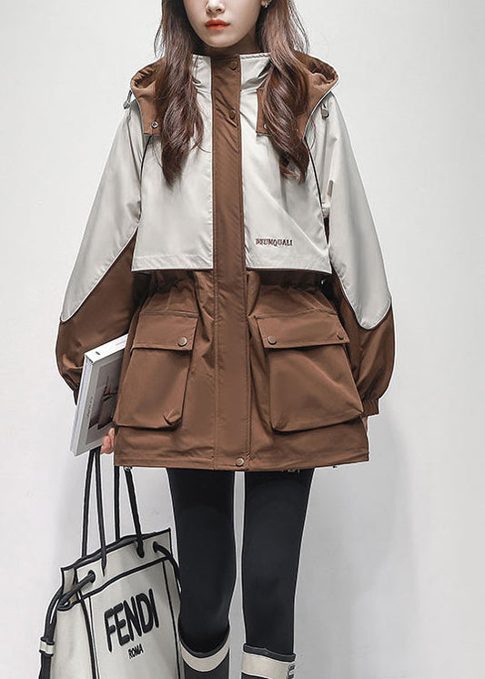 Loose Coffee Hooded Pockets Patchwork Warm Fleece Coats Winter