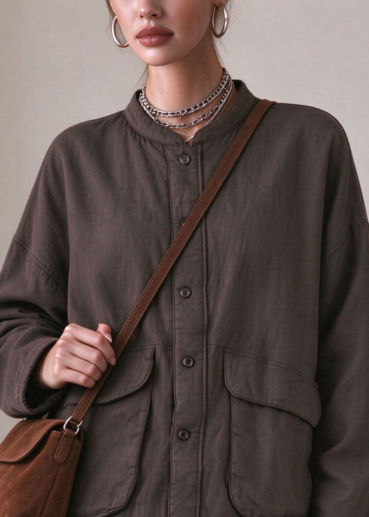 Loose Coffee O-Neck Pockets Warm Linen Coat Long Sleeve