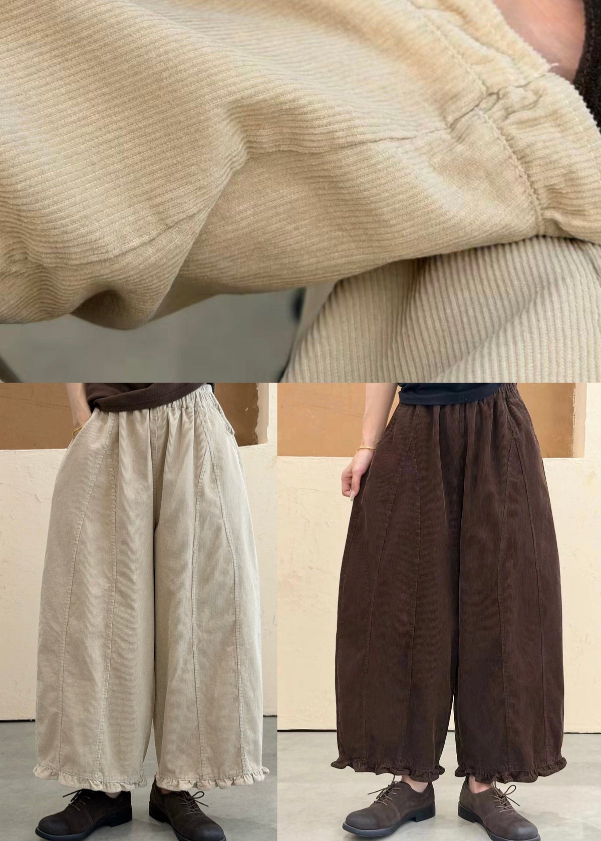 Loose Coffee Ruffled Pockets Patchwork Cotton Pants Fall