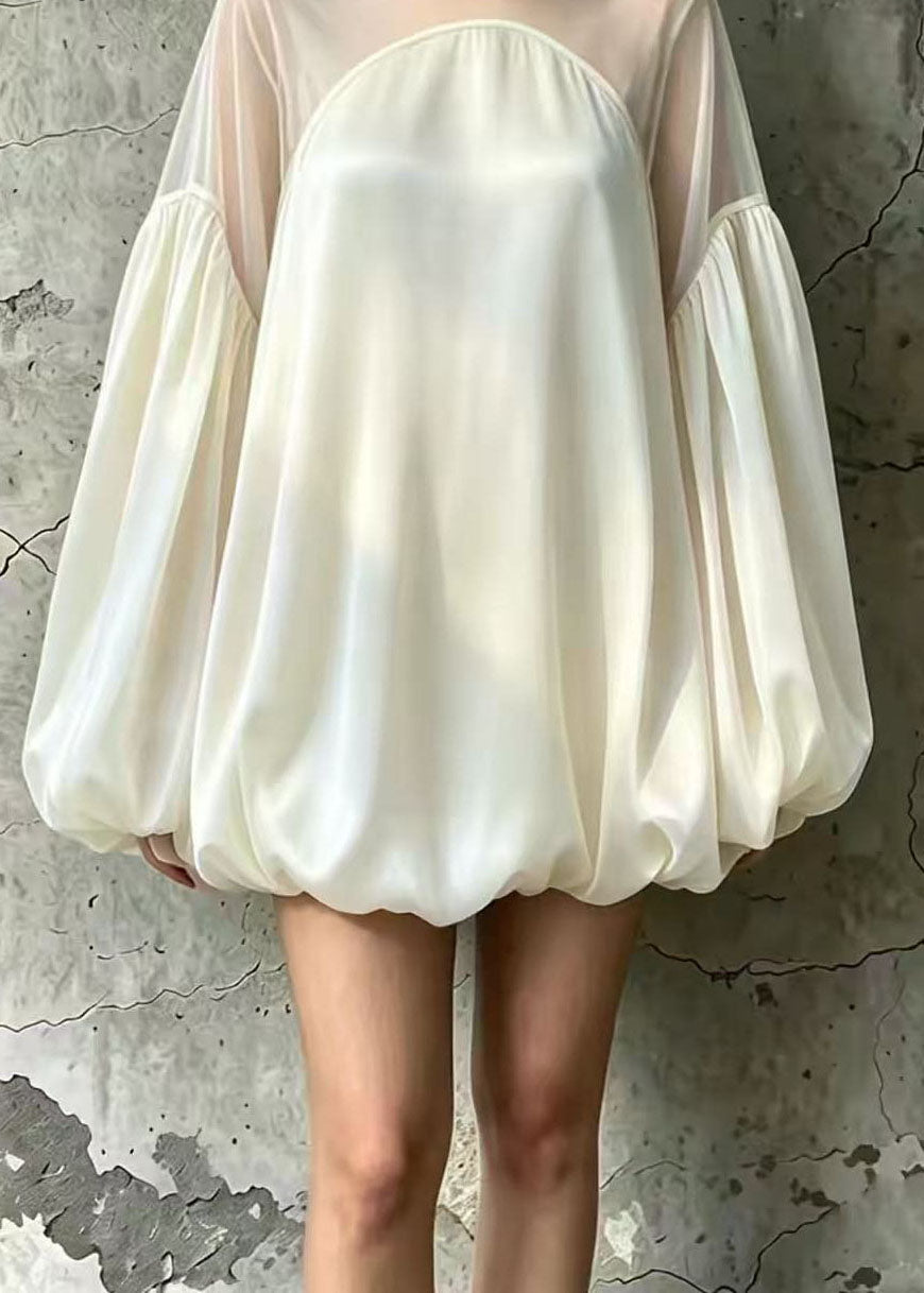 Loose Coffee Sheer Tulle Patchwork Bubble Hem Dresses Lantern Sleeve