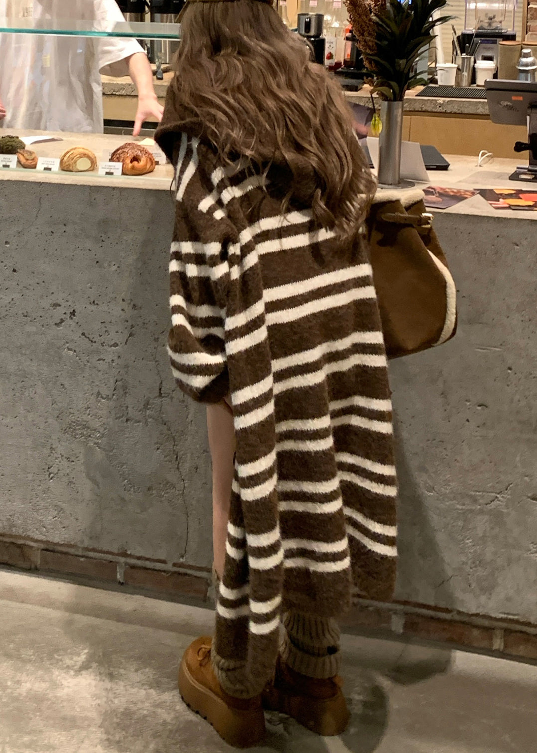 Loose Coffee Striped Patchwork Knit Long Cardigan Spring