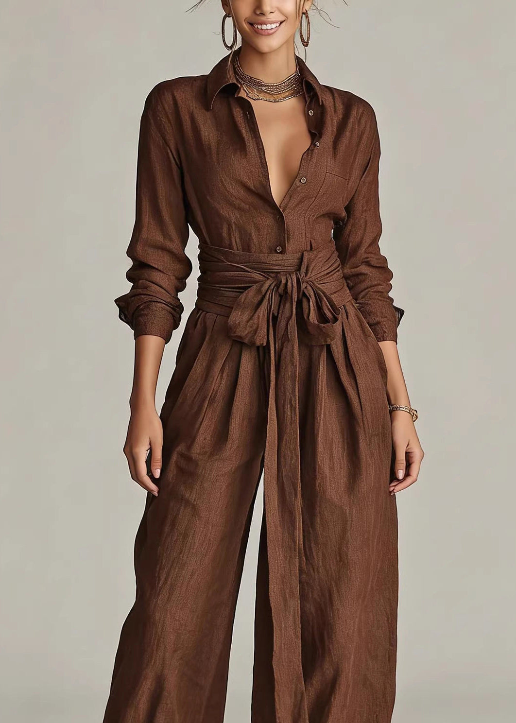 Loose Coffee Turn-down Collar Tie Waist Jumpsuit Long Sleeve