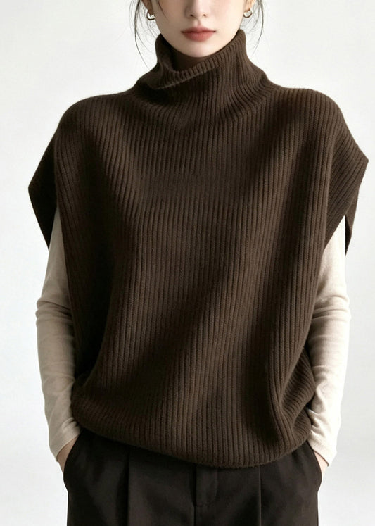 Loose Coffee Turtleneck Warm Cotton Knit Waistcoat Short Sleeve