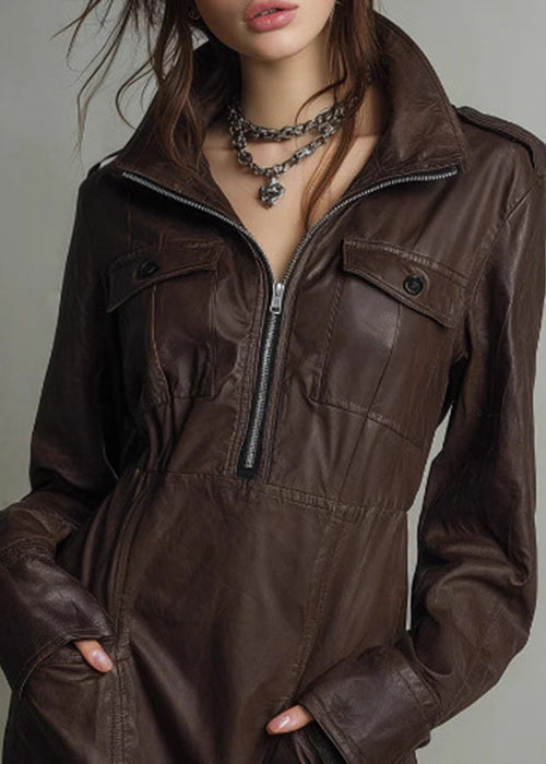 Loose Coffee Zip Up Pockets Faux Leather Mid Dress Spring