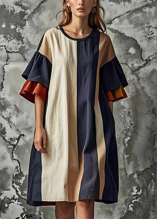 Loose Colorblock O-Neck Patchwork Cotton Dress Flare Sleeve