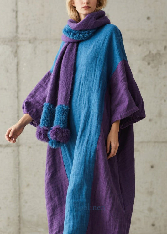 Loose Colorblock O Neck Patchwork Cotton Maxi Dresses Fall