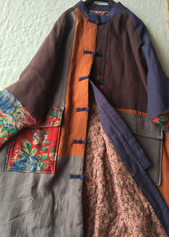 Loose Colorblock O-Neck Pockets Print Maxi Parka Winter