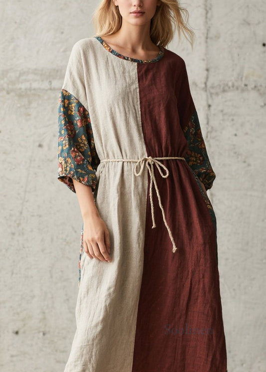 Loose Colorblock O Neck Print Lace Up Cotton Long Dress Summer