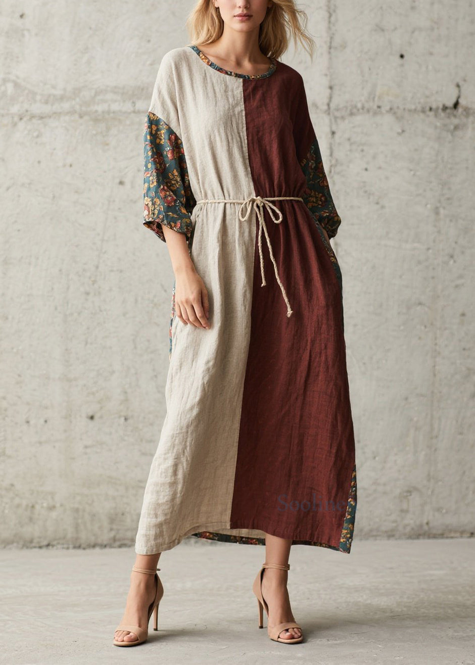 Loose Colorblock O Neck Print Lace Up Cotton Long Dress Summer