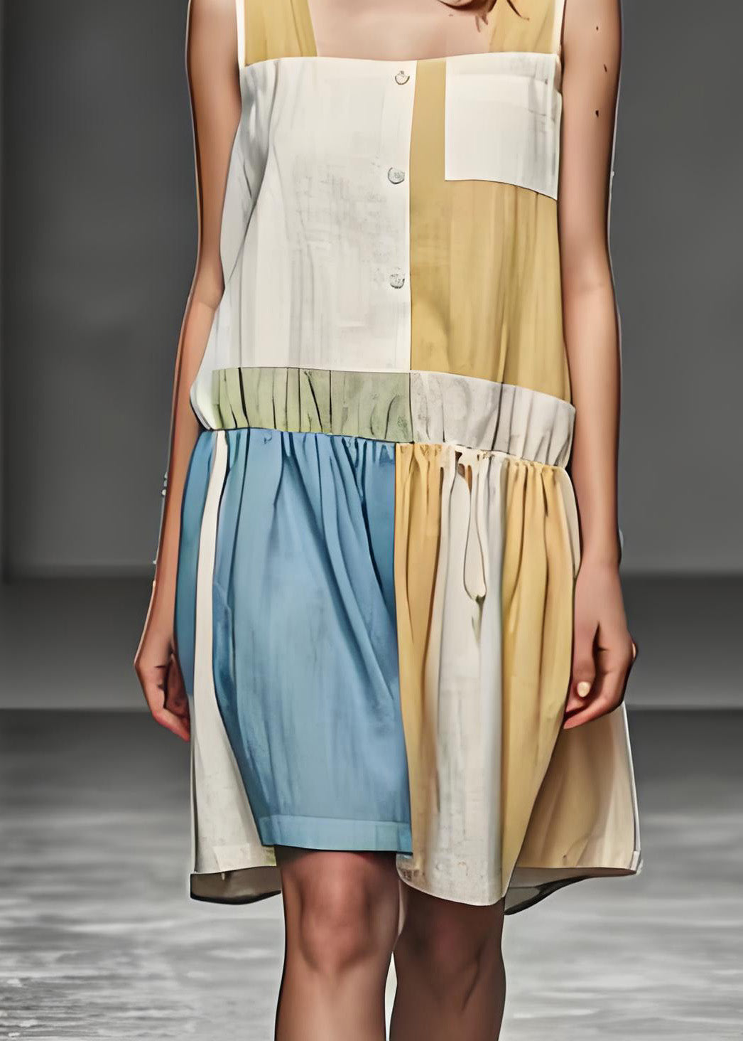 Loose Colorblock U Neck Wrinkled Patchwork Cotton Dresses Sleeveless