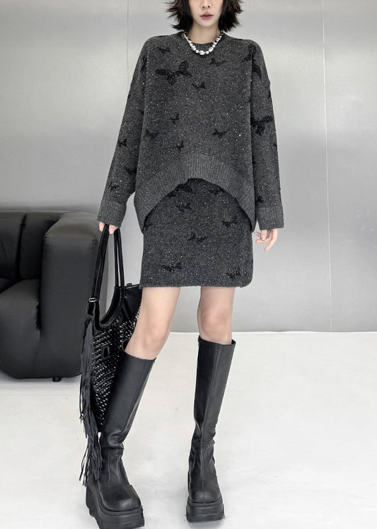 Loose Dark Gray Butterfly Sequins Sweaters And Skirts Knit Two Pieces Set
