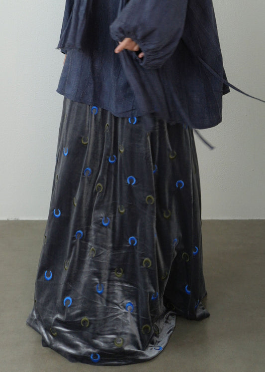 Loose Dark Grey Moon Embroidered High Waist Silk Velvet Maxi Skirt
