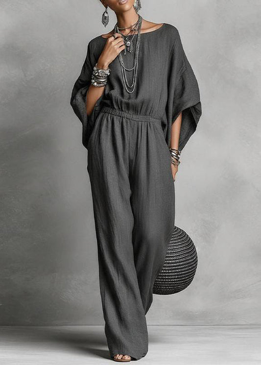 Loose Dark Grey O-Neck Draping Jumpsuits Batwing Sleeve