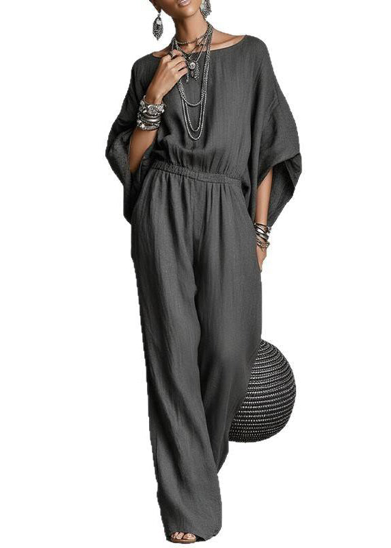 Loose Dark Grey O-Neck Draping Jumpsuits Batwing Sleeve