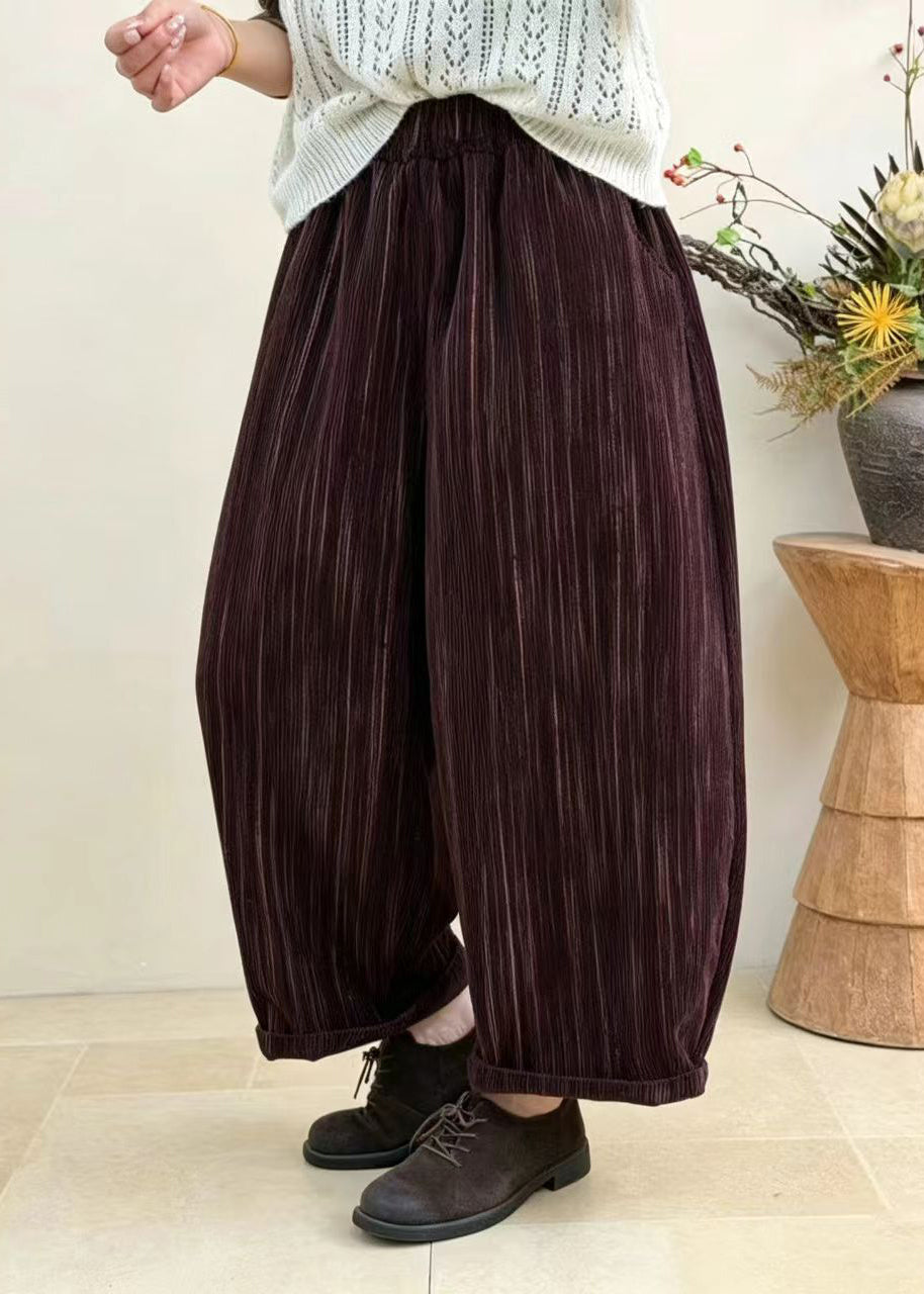 Loose Dark Purple Pockets Elastic Waist Corduroy Crop Pants Fall
