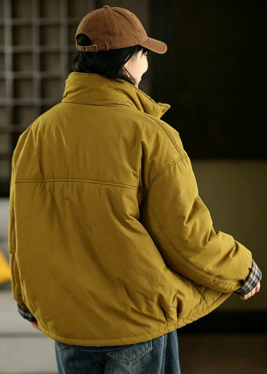 Loose Ginger Yellow Stand Collar Patchwork Plaid Big Pockets Puffer Jackets Winter