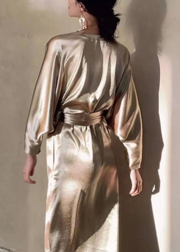 Loose Gold V Neck Tie Waist Pockets Silk Long Dresses Fall