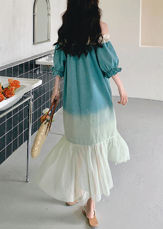 Loose Gradient Color Ruffled Tulle Patchwork Long Dresses Butterfly Sleeve