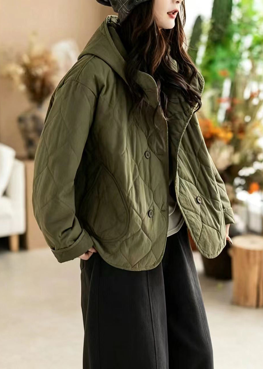 Loose Green Hooded Button Diamond Quiled Cotton Filled Jackets Winter