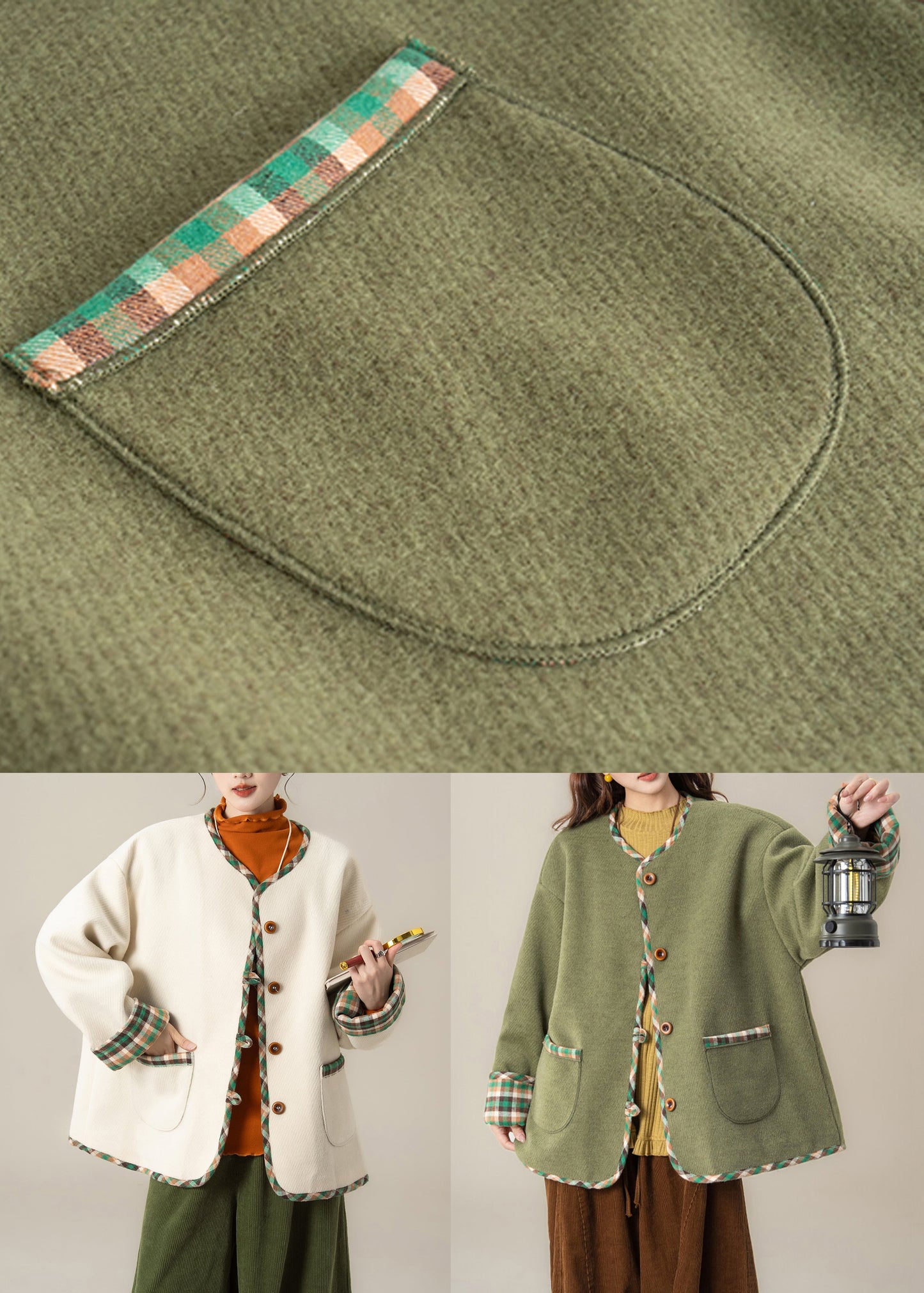 Loose Green O Neck Plaid Patchwork Woolen Coat Spring