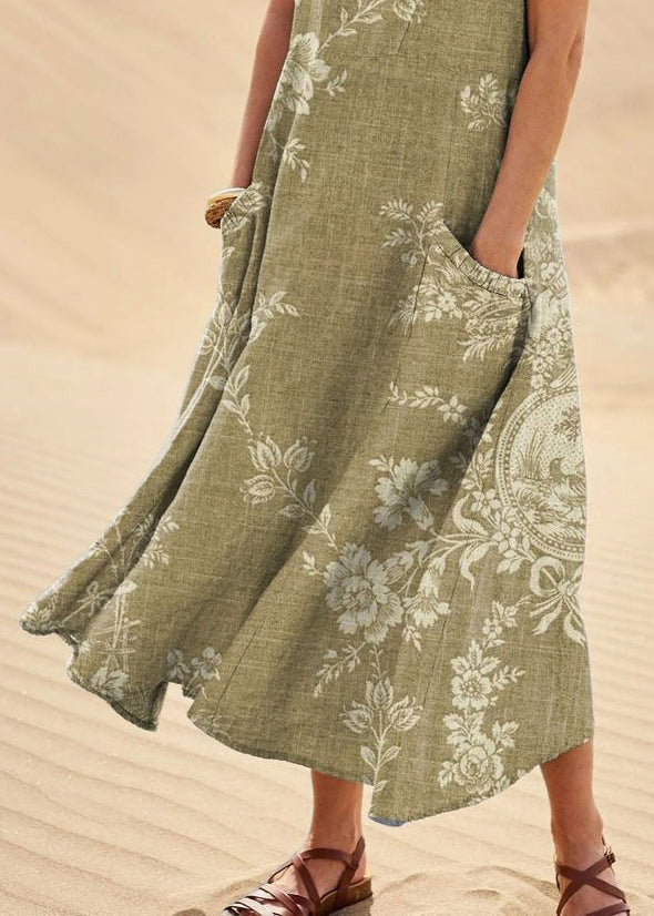 Loose Green O Neck Print Pockets Cotton Long Dresses Summer