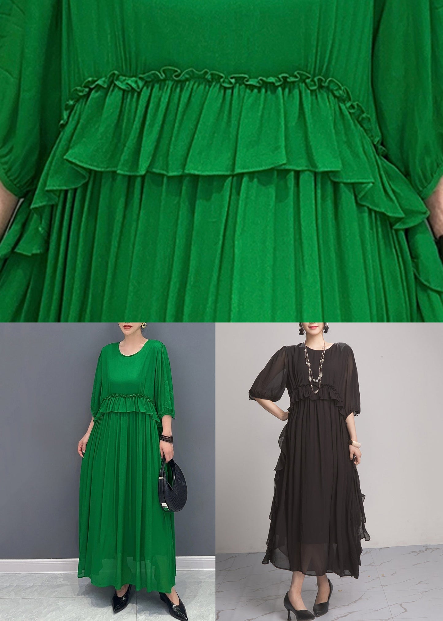 Loose Green O-Neck Ruffled Chiffon Long Dress Half Sleeve