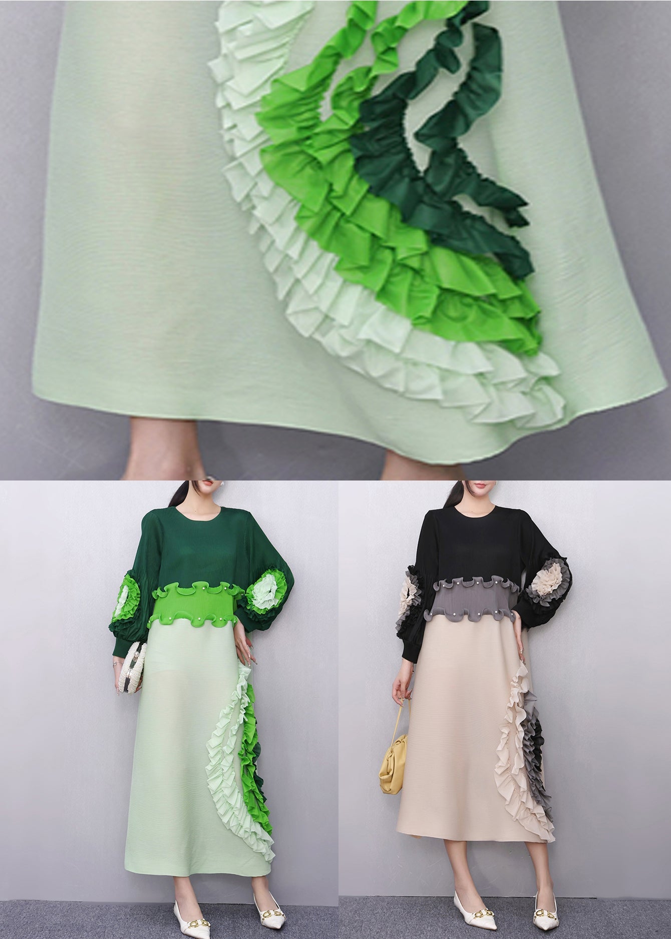 Loose Green O-Neck Ruffled Patchwork Long Dress Fall