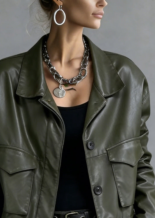 Loose Green Peter Pan Collar Button Pockets Faux Leather Coat Spring