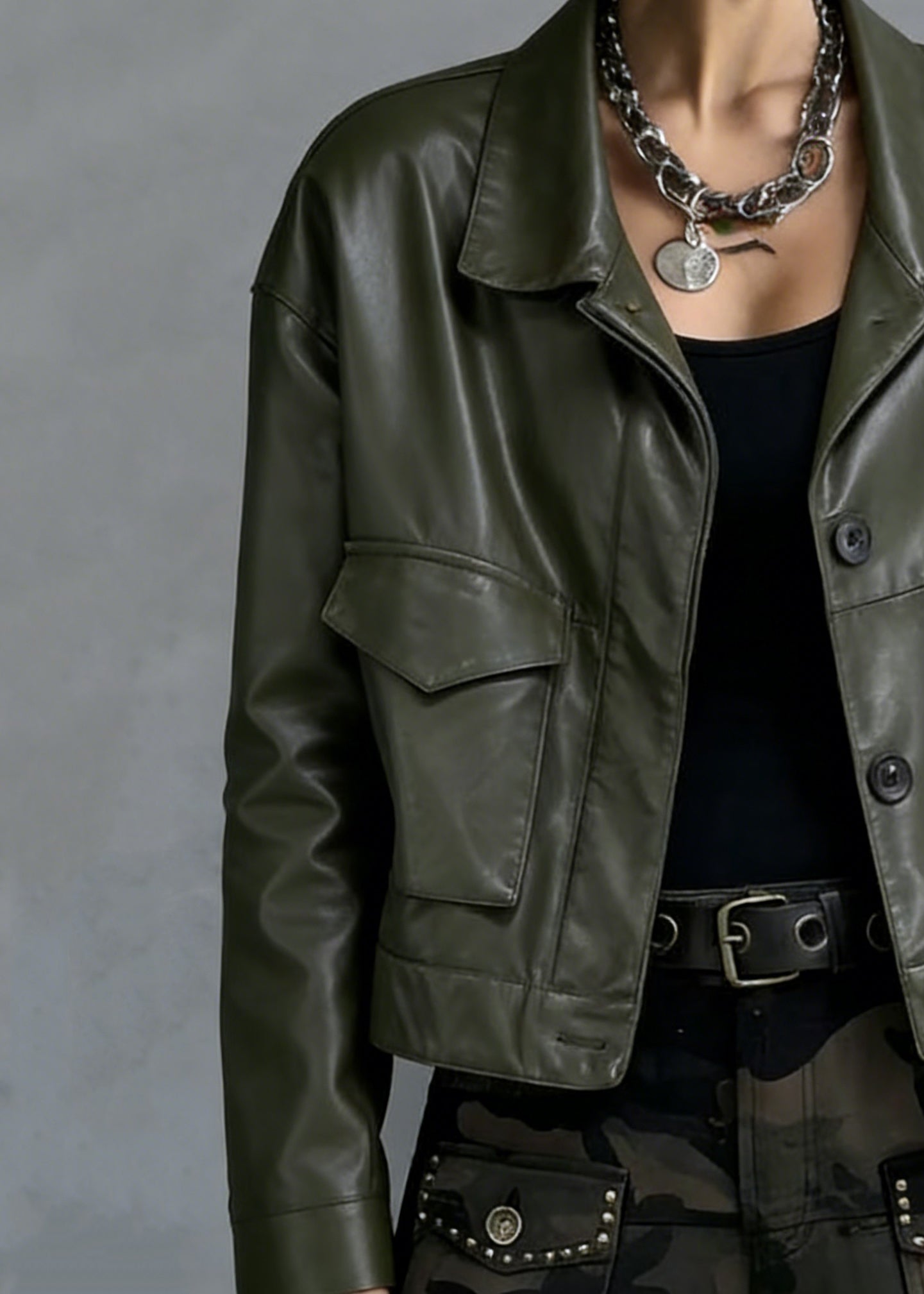 Loose Green Peter Pan Collar Button Pockets Faux Leather Coat Spring