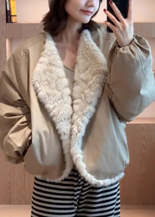 Loose Green Pockets Wear On Both Sides Solid Fluffy Coats