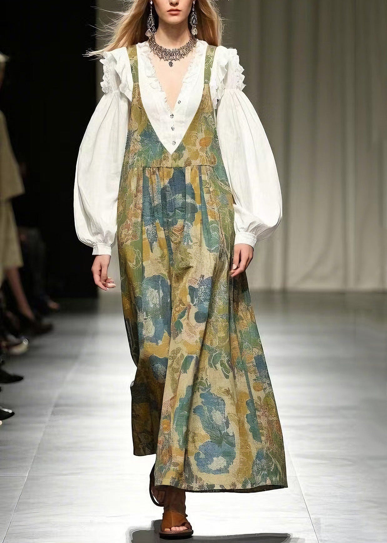Loose Green Print Cotton Wide Leg Jumpsuits Summer