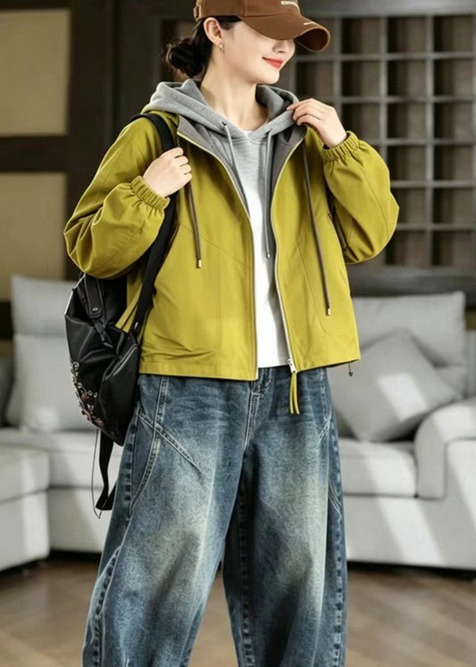 Loose Green Reversible Hooded Drawstring Pockets Jacket Fall