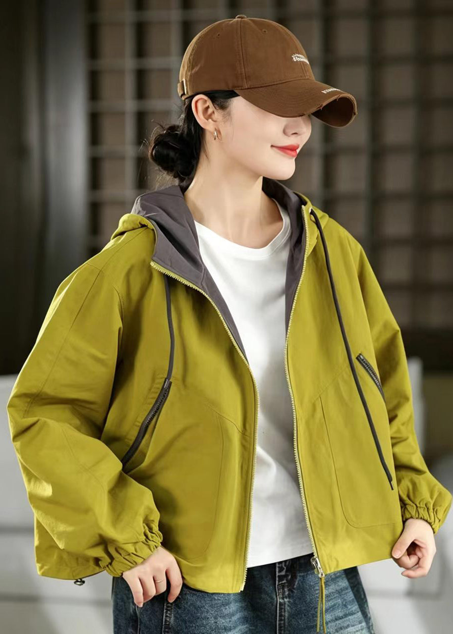 Loose Green Reversible Hooded Drawstring Pockets Jacket Fall