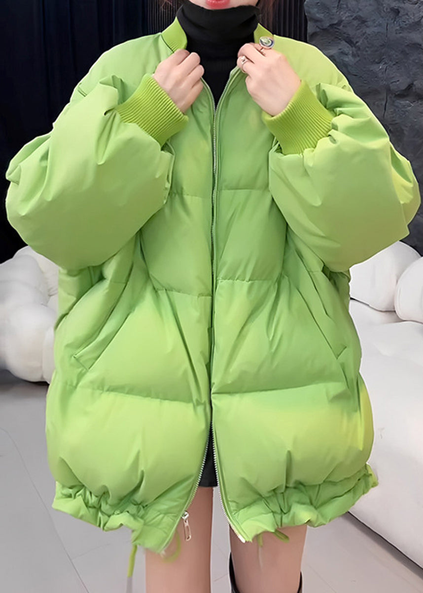 Loose Green Ruffled Drawstring Cotton Filled Puffer Jacket Long Sleeve