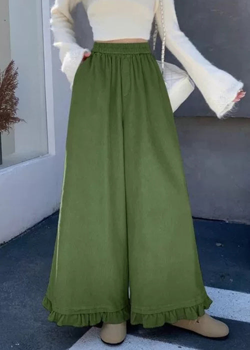 Loose Green Ruffled Elastic Waist Corduroy Wide Leg Pants Fall