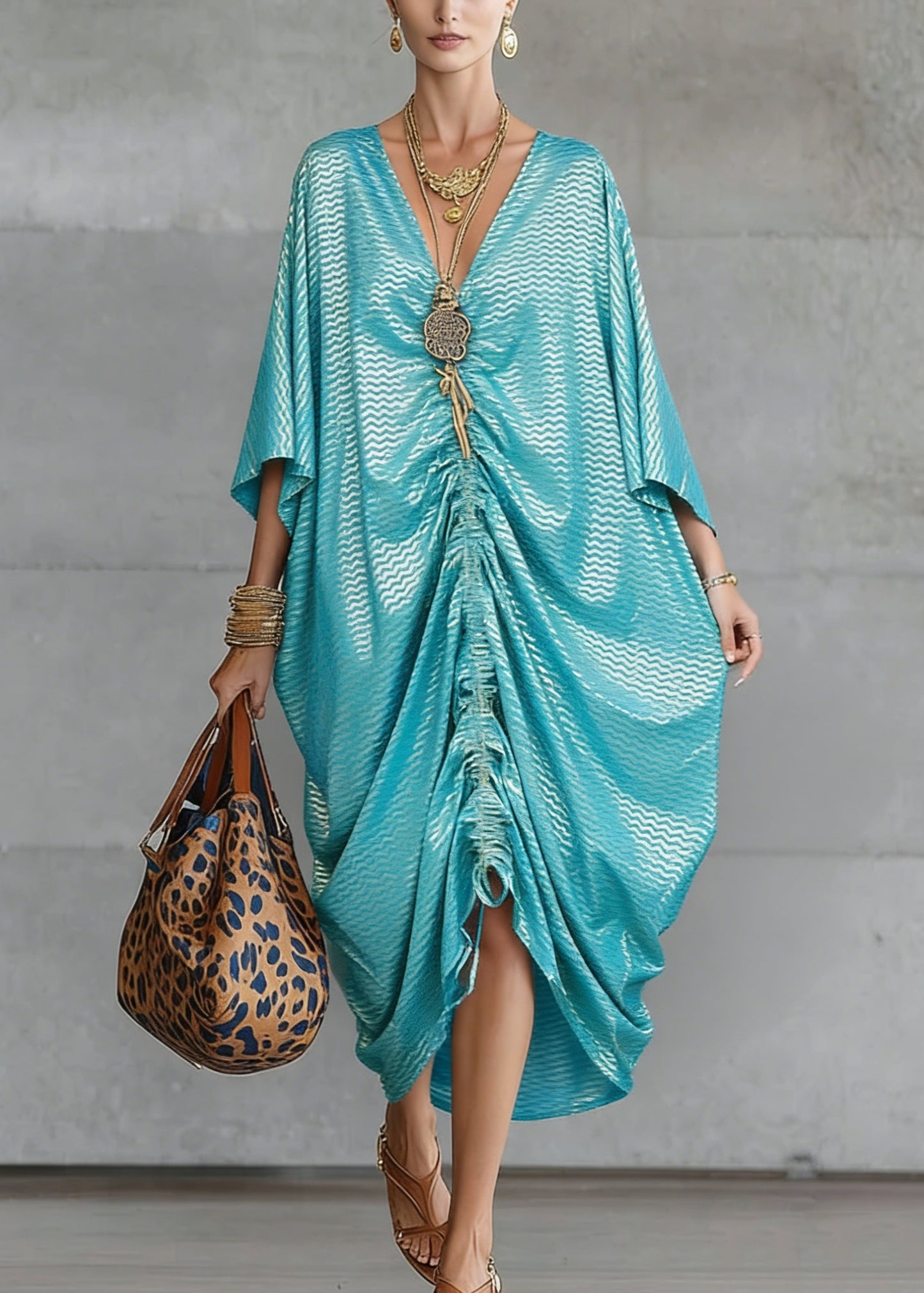 Loose Green V Neck Asymmetrical Design Drawstring Dresses Summer