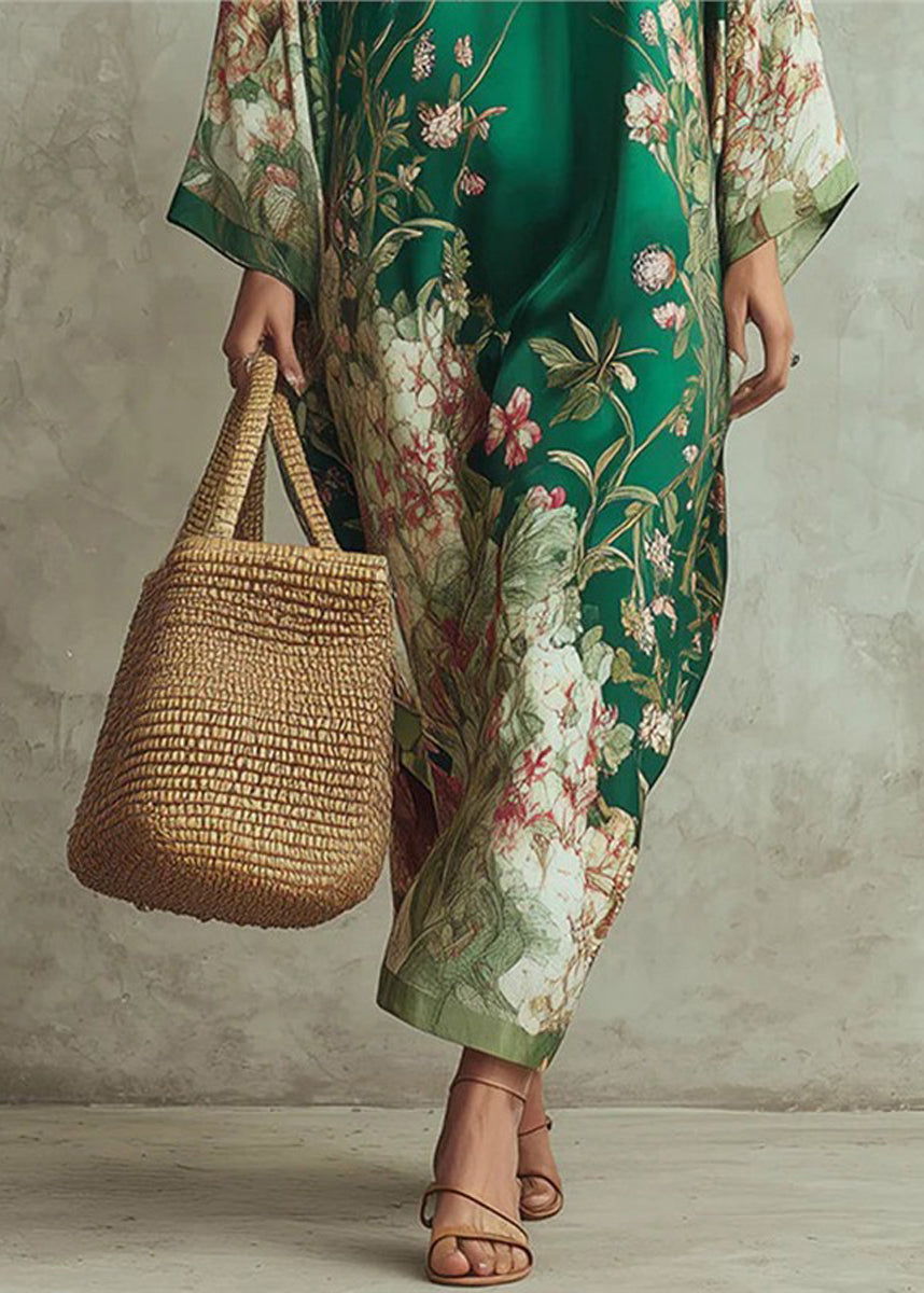 Loose Green V Neck Print Dress Long sleeve