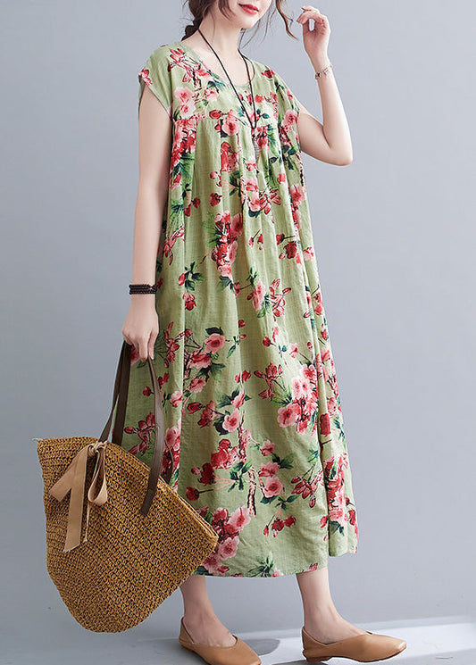 Loose Green Wrinkled Print Cotton Long Dresses Short Sleeve
