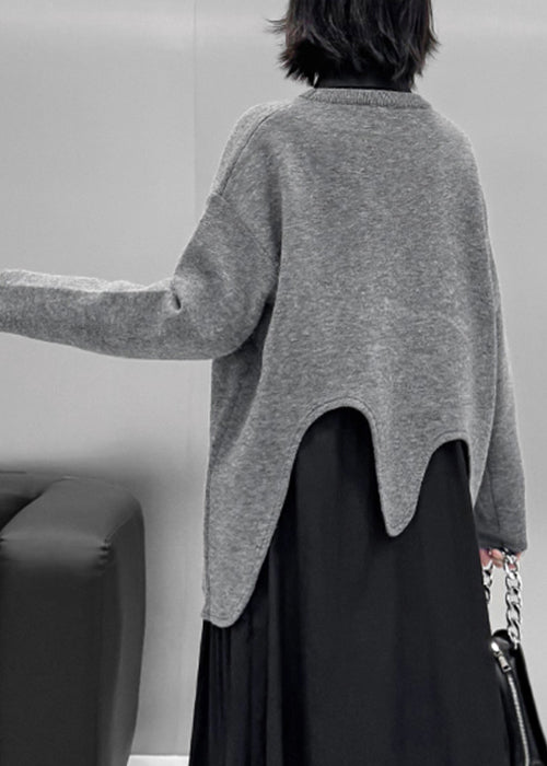 Loose Grey Asymmetrical Cozy Knit Sweater Tops Spring