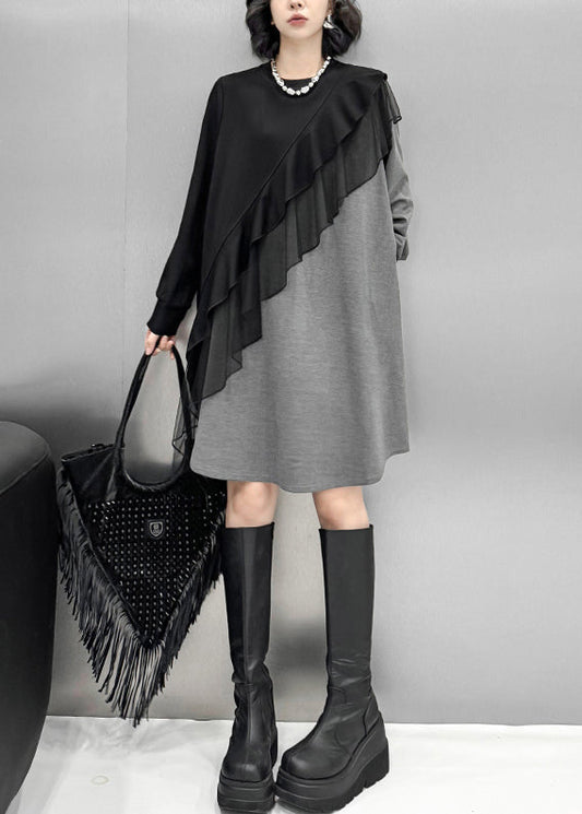 Loose Grey Asymmetrical Tulle Patchwork Cotton T Shirt Dress Spring