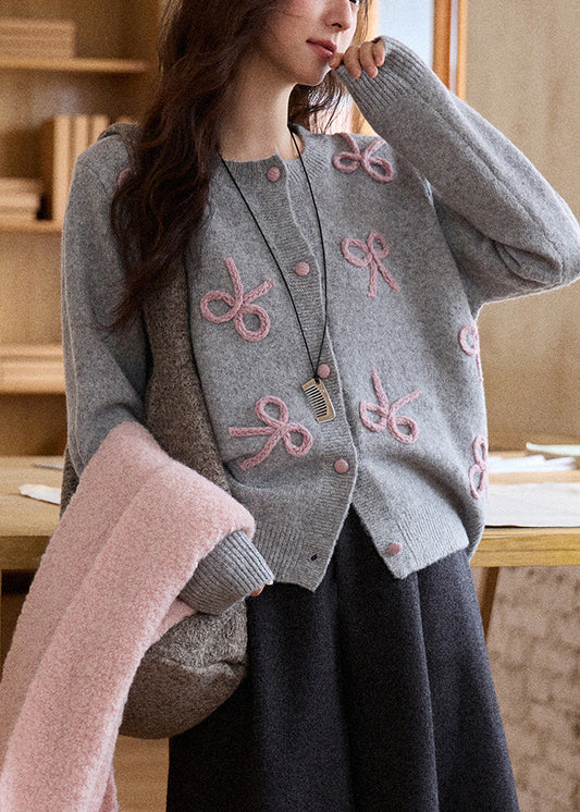Loose Grey Bow Embroidered Cotton Knit Cardigan Spring
