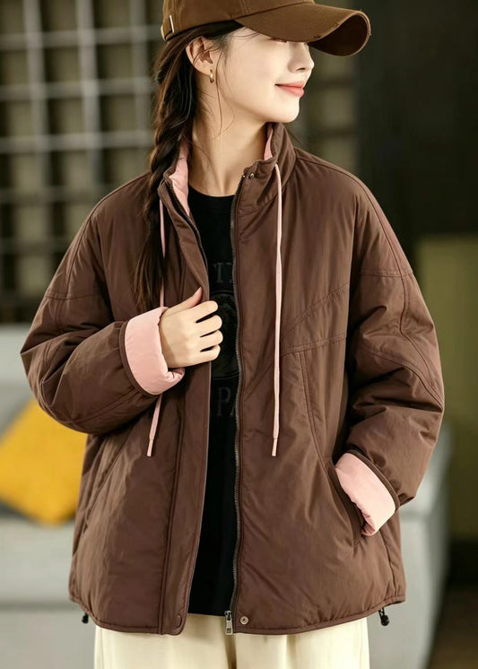 Loose Grey Color Block Stand Collar Drawstring Pockets Cotton Filled Puffer Jacket Winter
