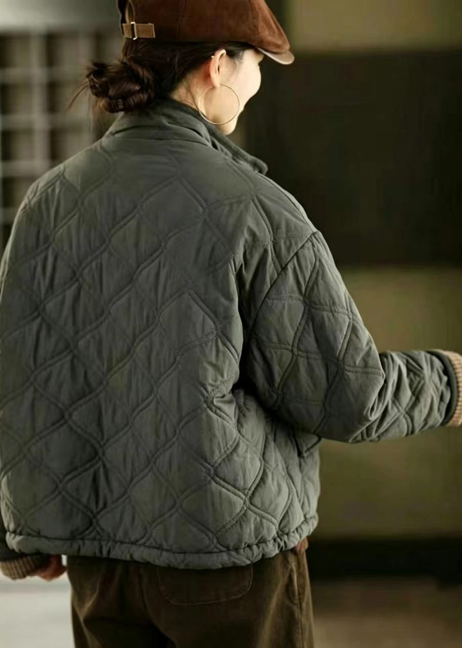 Loose Grey Green Stand Collar Drawstring Cotton Filled Puffer Jacket Winter