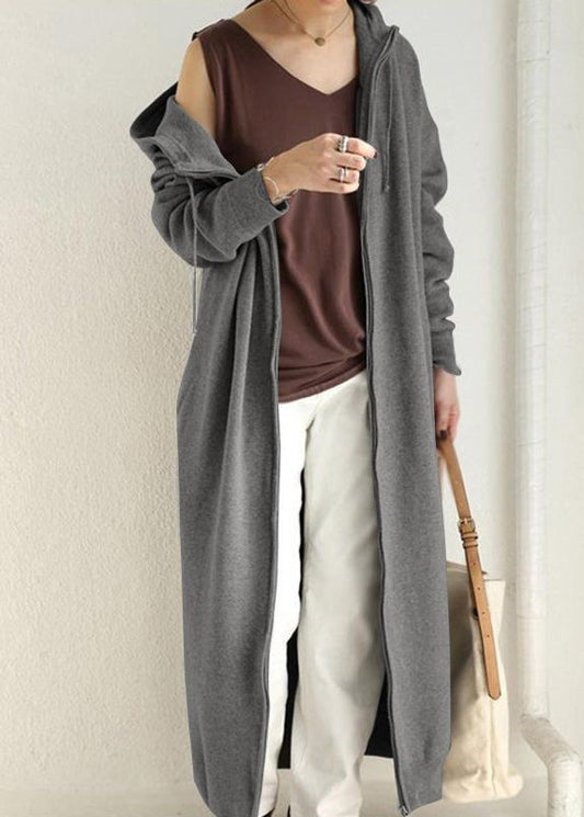 Loose Grey Hooded Zippered Pockets Cotton Long Coats Spring