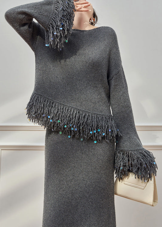 Loose Grey O Neck Tasseled Sweaters And Skirts Knit Two Pieces Set Flare Sleeve