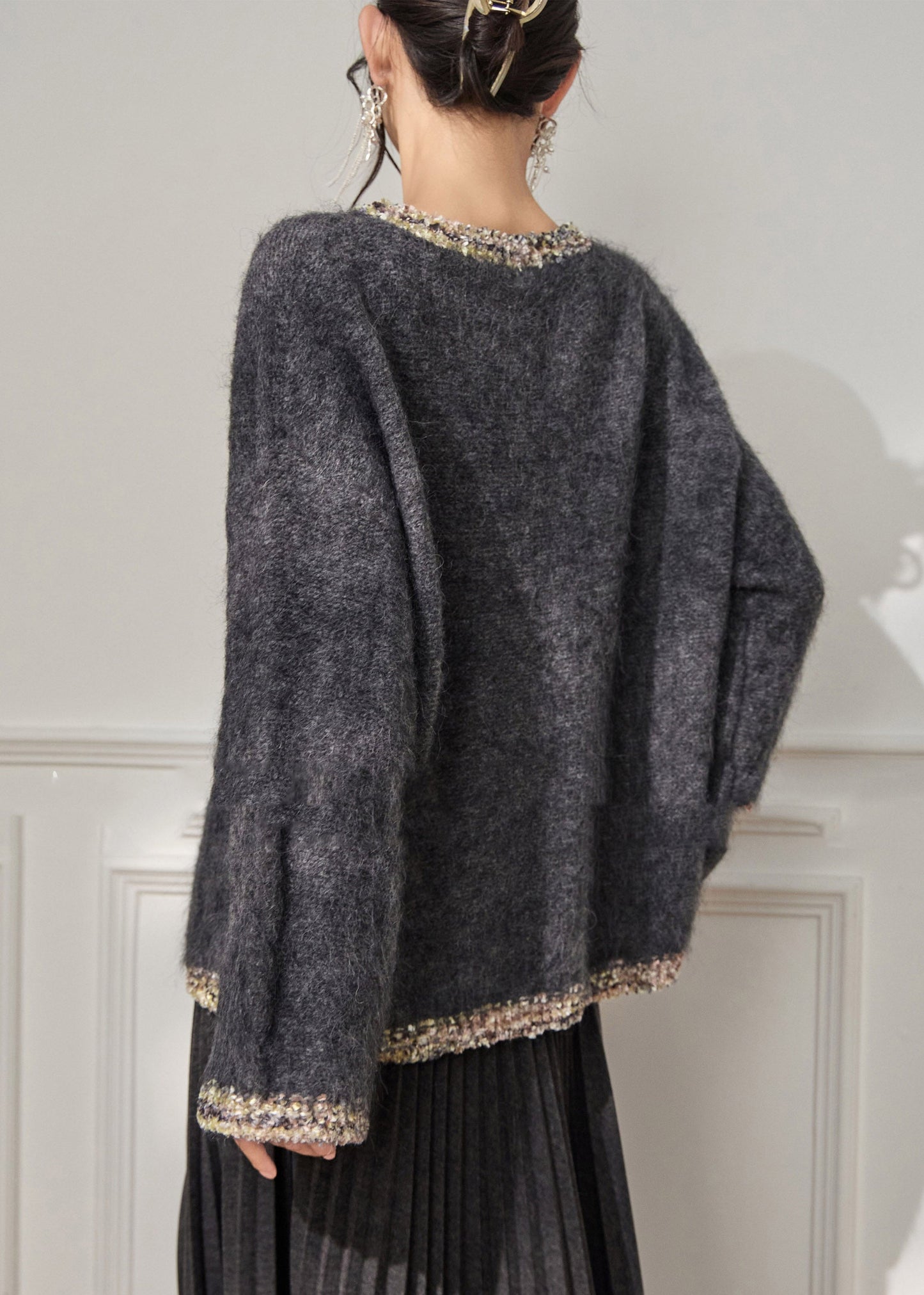 Loose Grey O-Neck Thick Cotton Knit Sweater Flare Sleeve