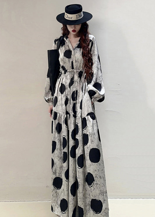 Loose Grey Print Lace Up Pockets Cotton Long Dresses Spring