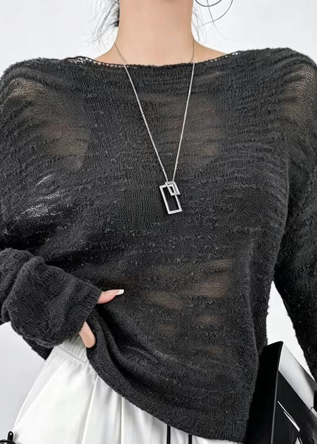 Loose Grey Sheer Knit Sweater Tops Fall